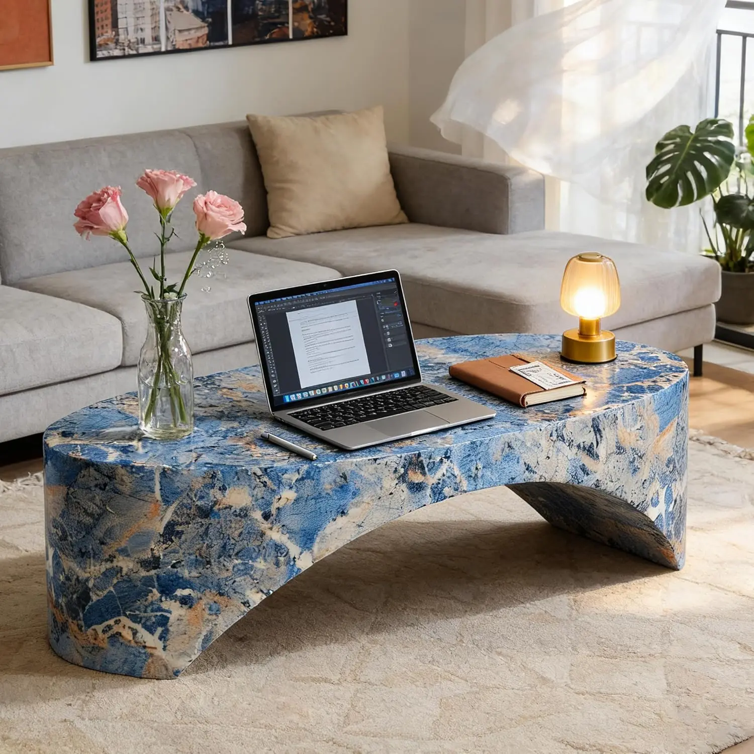 

Овальный журнальный столик 43,31 дюйма из искусственного мрамора, стильный и современный обеденный стол из стекловолокна, современный центральный стол без сборки, на заказ