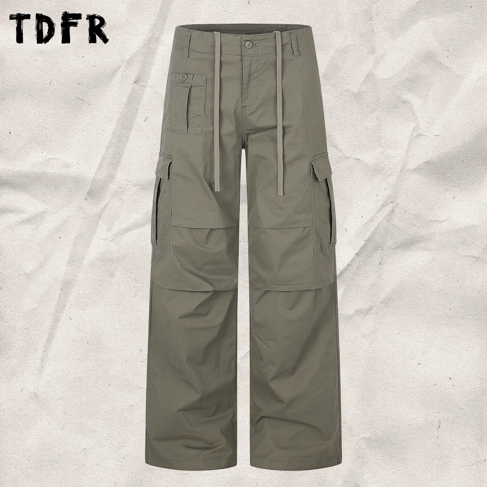 Multi-Pocket Pleated Cargo Pants Mens Casual Drawstring Loose Straight-leg Trousers Man
