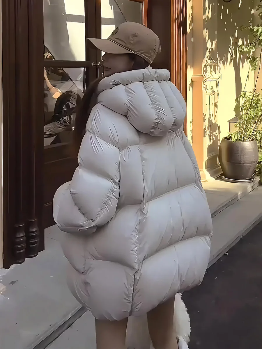 Chaqueta Acolchada Blanca Cloud Dough para Mujer, Corte Holgado, Cuello Alto, Capucha, Ropa de Abrigo de Invierno, Chaqueta de Moda