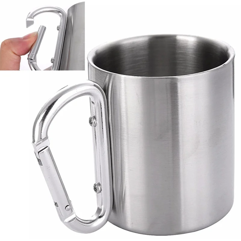 Tumbler 300ml Stainless Steel Travel Water Tea Coffee Mug Self Lock Carabiner Handle Cup For Camping Hiking Climbing Outdoor