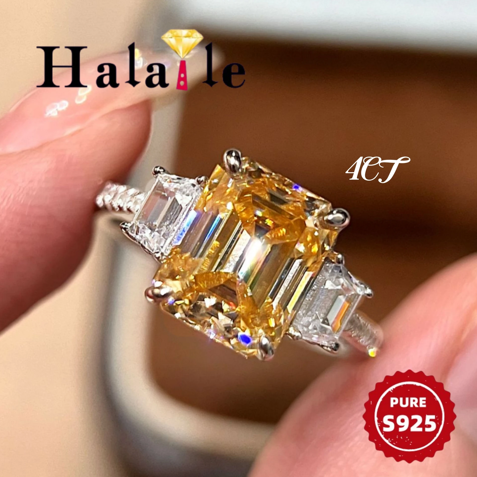 

Halaile 4CT 8*10MM Lab Grown Yellow Zircon And Moissanite Ring 925 Silver For Women Sparkling Fine Jewelry Engagement Wedding