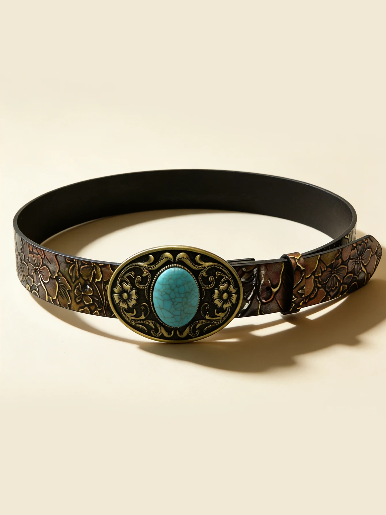 Western Vintage Floral Turquoise Plate Buckle Pu Belt, Bohemian Ethnic Embossed Wide Waist Belt
