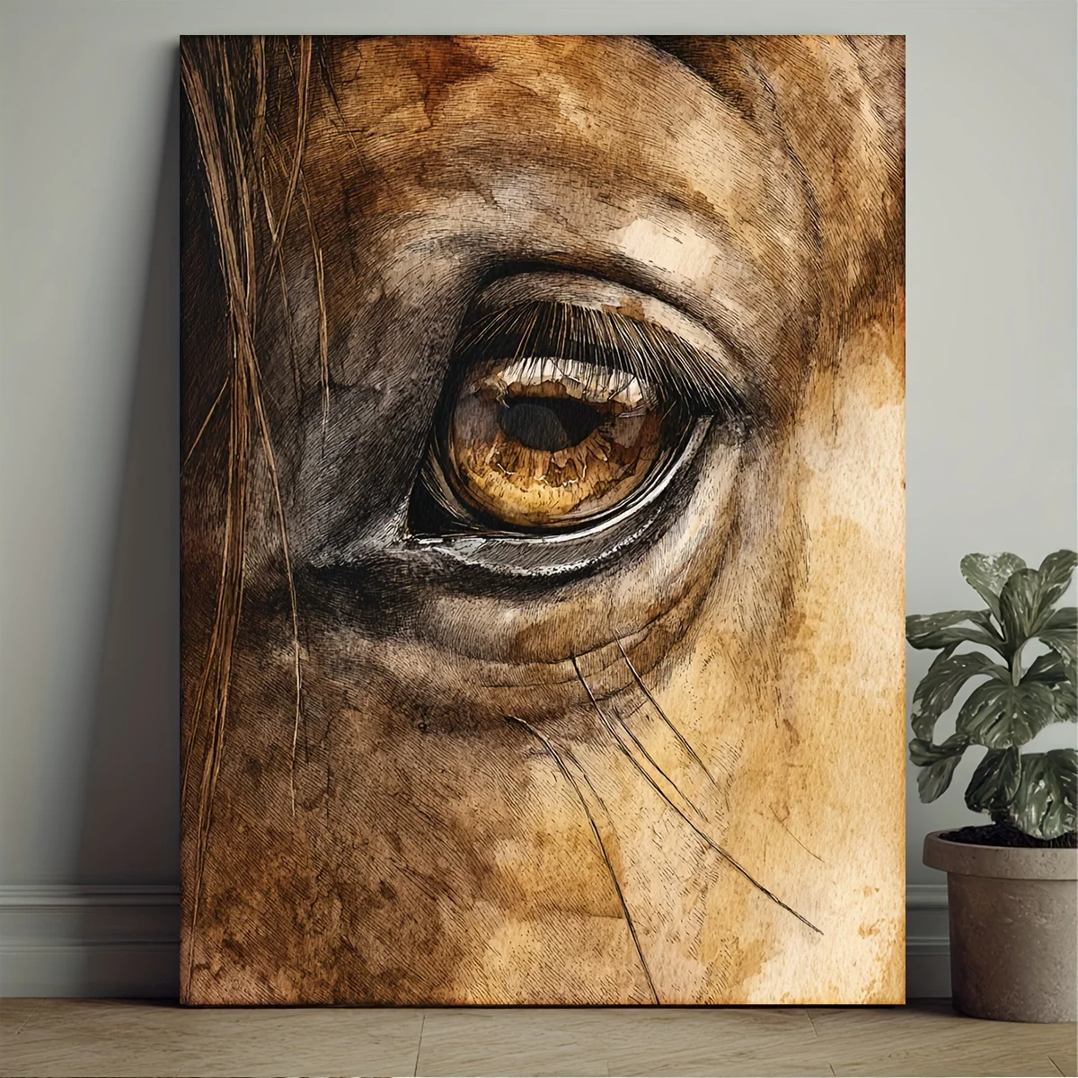 1pc Framed Horse Eye Watercolor Art - Manga Style Equine Portrait Wall Decor with Wood Frame, Warm Tones Suitable for Farmhou