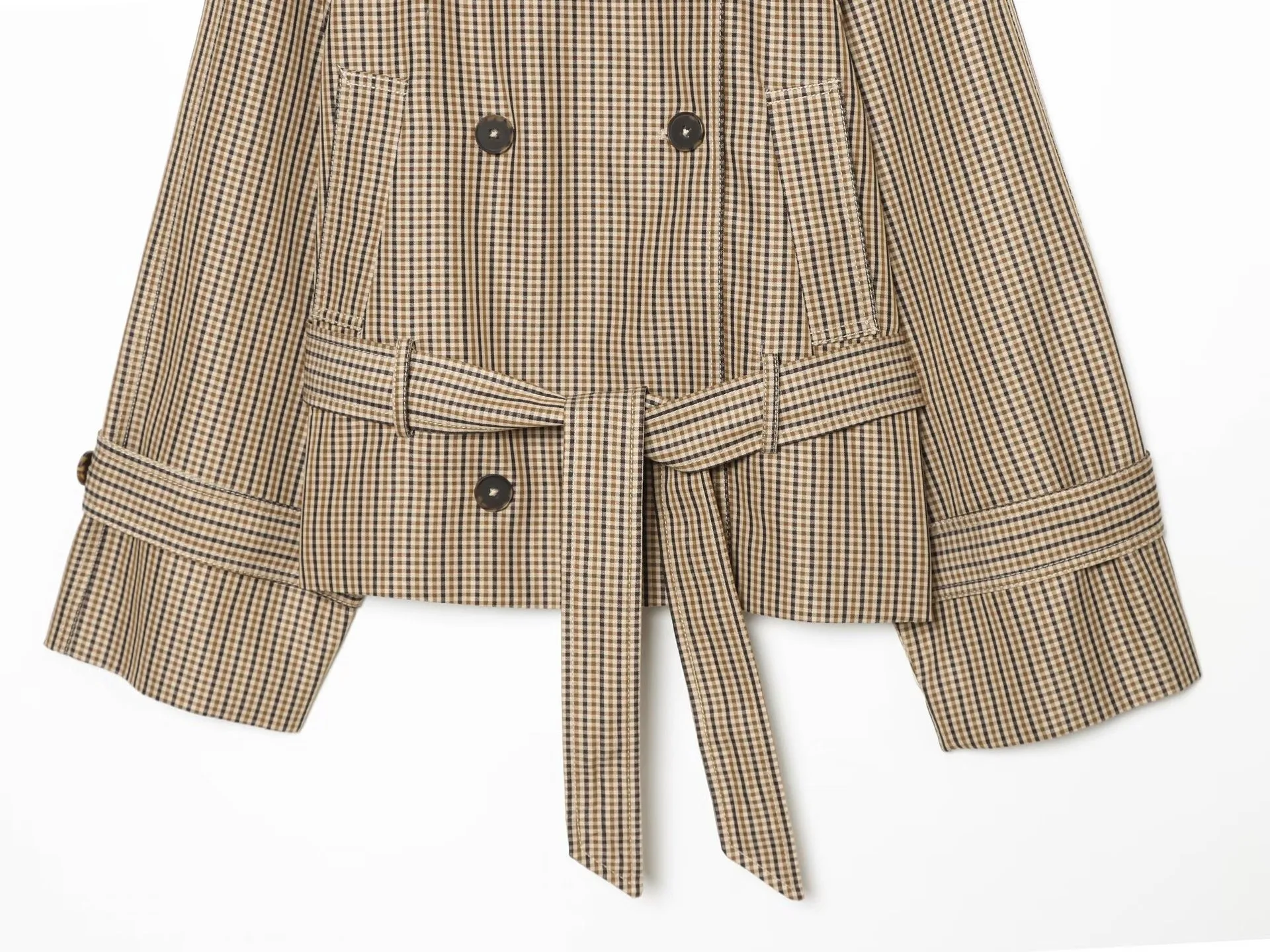 Damen Herbst Winter Trendige Karo-Kurzjacke mit Doppelreiher, Gürtel und Taschen, Jacken-Outfits, Streetwear, Trenchcoat für Frauen – Detail 9