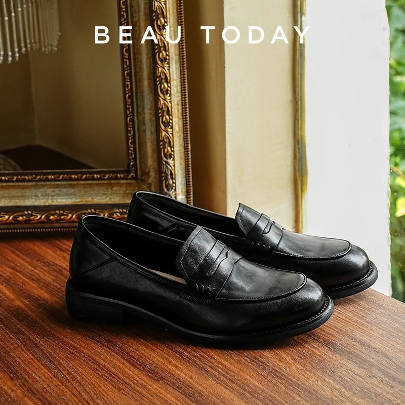 

BEAUTODAY Пенни-лоферы, женские туфли из коровьей кожи с круглым носком, без шнуровки на среднем каблуке, офисные женские модельные туфли на плоской подошве, ручная работа 26268