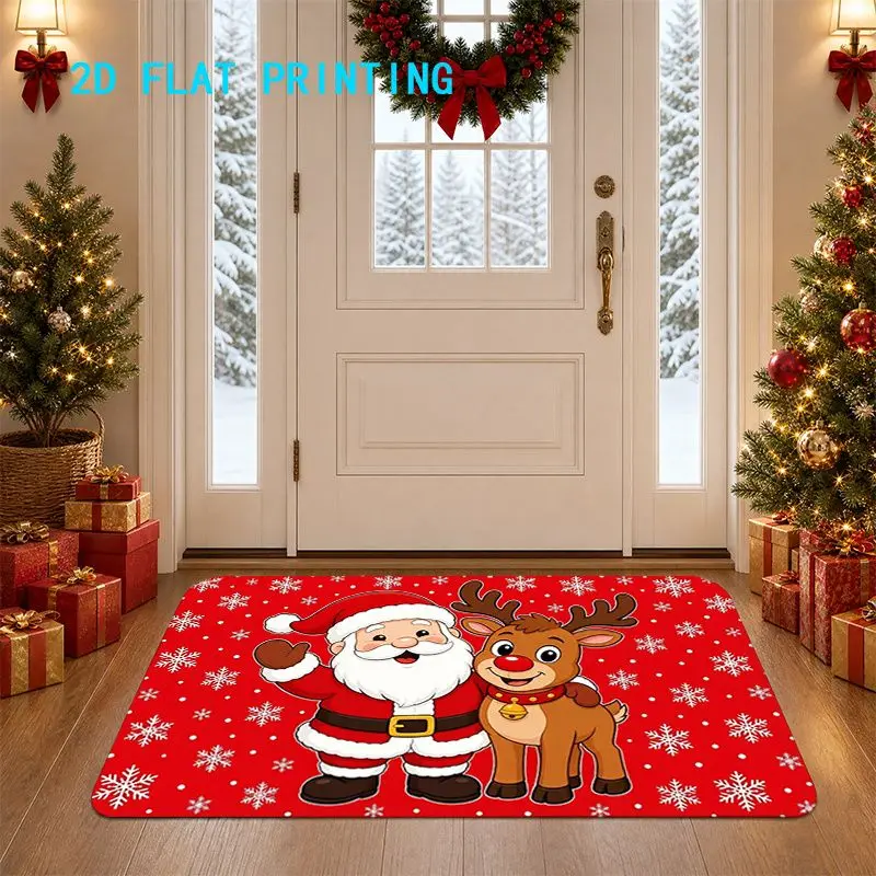 VIKAMA Christmas Santa Welcome Mat Red Nosed Reindeer Non Slip Soft Washable Absorbent Indoor Happy New Year Home Decor