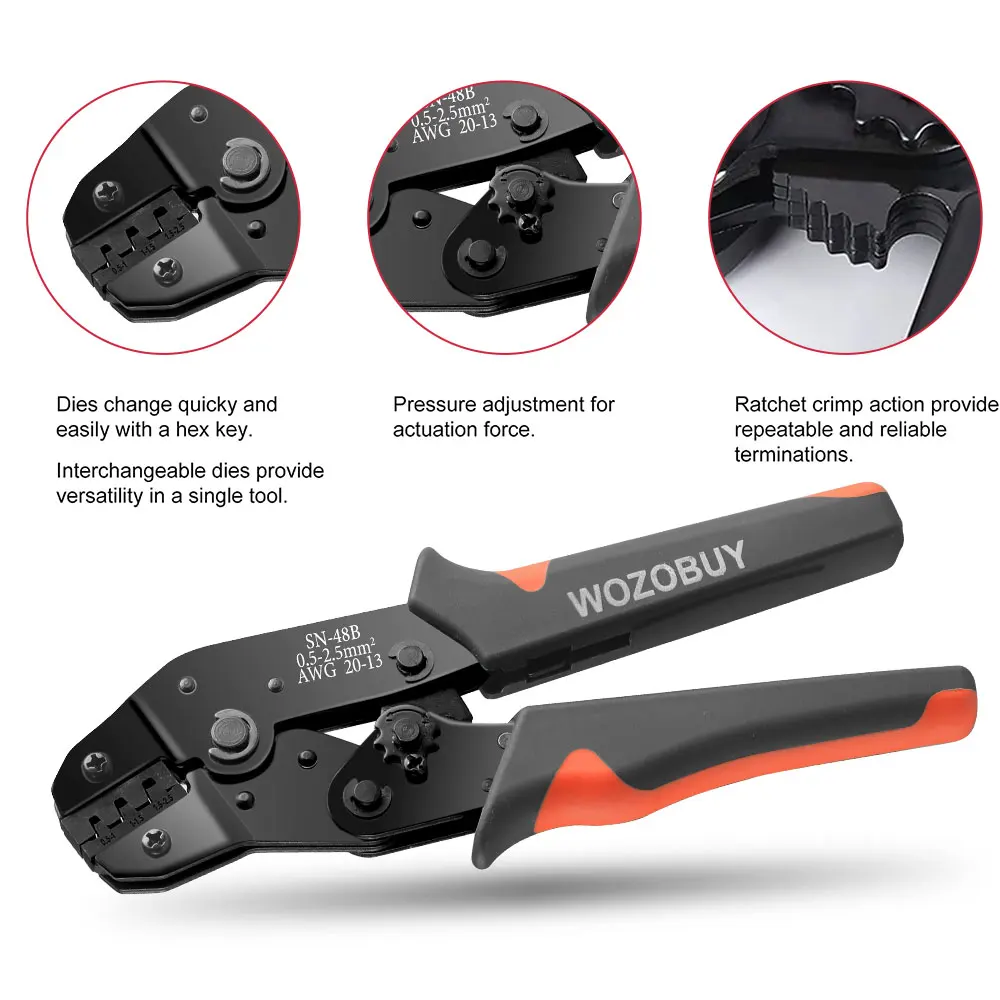 WOZOBUY SN-48B Pin Crimping Tools 2.8/4.8/6.3mm 22-13AWG Crimper 0.5-2.5 mm² for Car Terminals Sets Wire Electrical Hand Tools