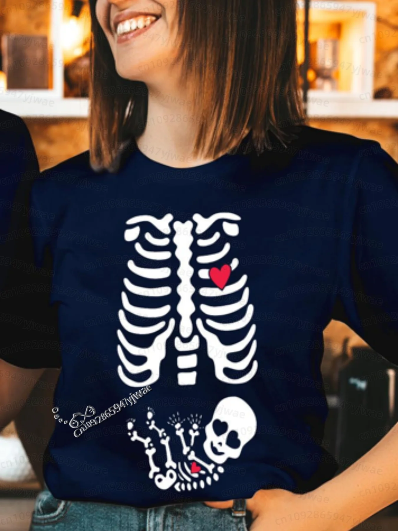 2026 Herren Halloween Skelett Schwangerschafts-Baby Halloween T-Shirt Totenkopf-Knochen-Druck Kurzarm Damen Herren Halloween Paar T-Shirt – Detail 9