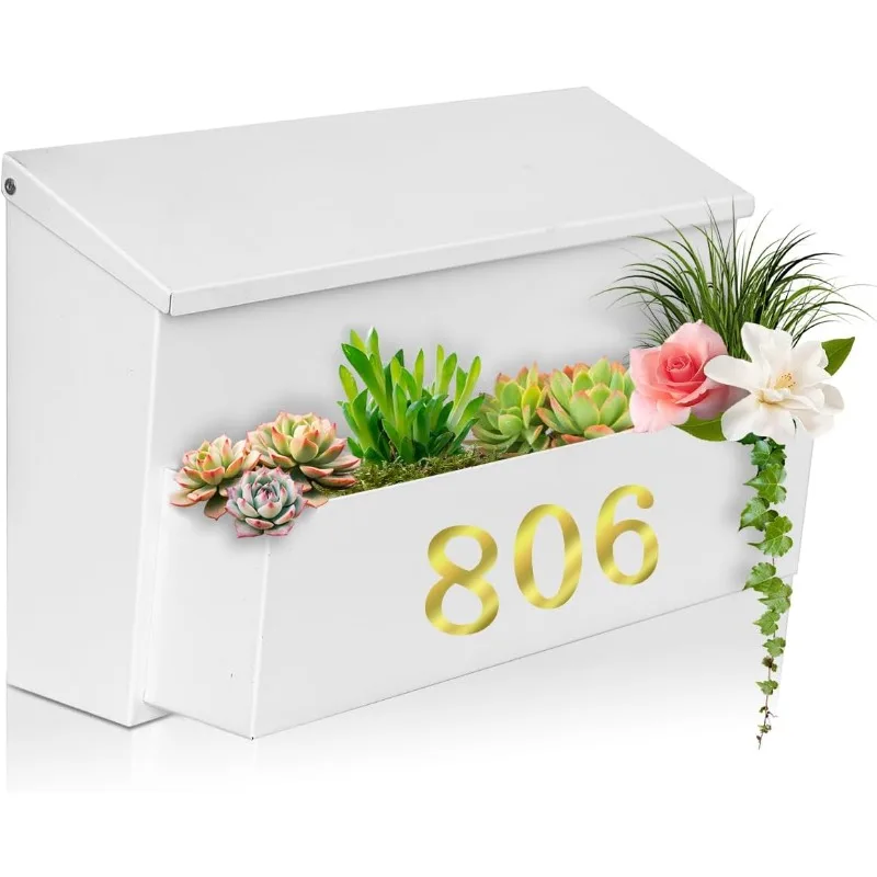 

Wall Mount Mailbox, Large Capacity for House, Outside, with 3 Sets of 0-9 Number Stickers & Flower Planter, Galvanized Steel