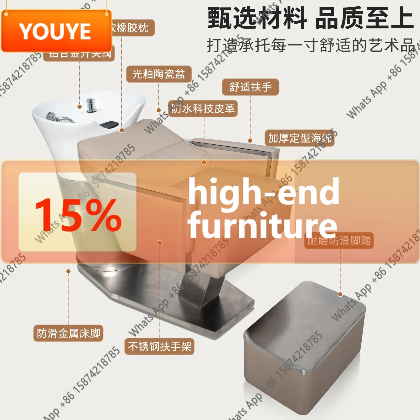 Kk Hairdresser Stainless Steel Hair Wash Bed Barber Shop Semi Reclining Hair Wash Bed Ceramic Light Glaze Deep Basin Hair Wash B