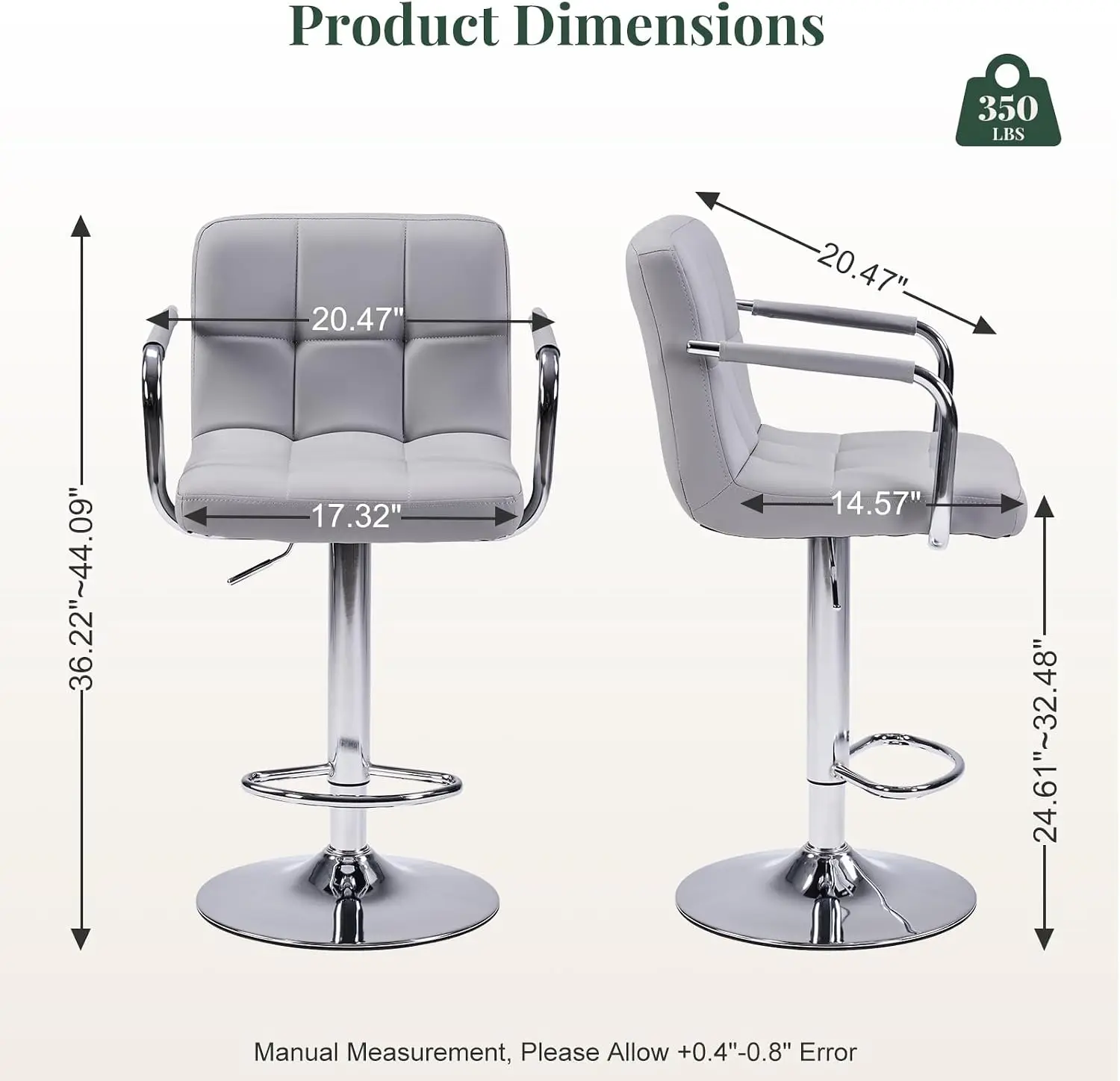 Bar Stools Set of 4, 24-26'' Adjustable Swivel Bar Chairs, Grey | PU Leather Counter Height Barstool with Back Support