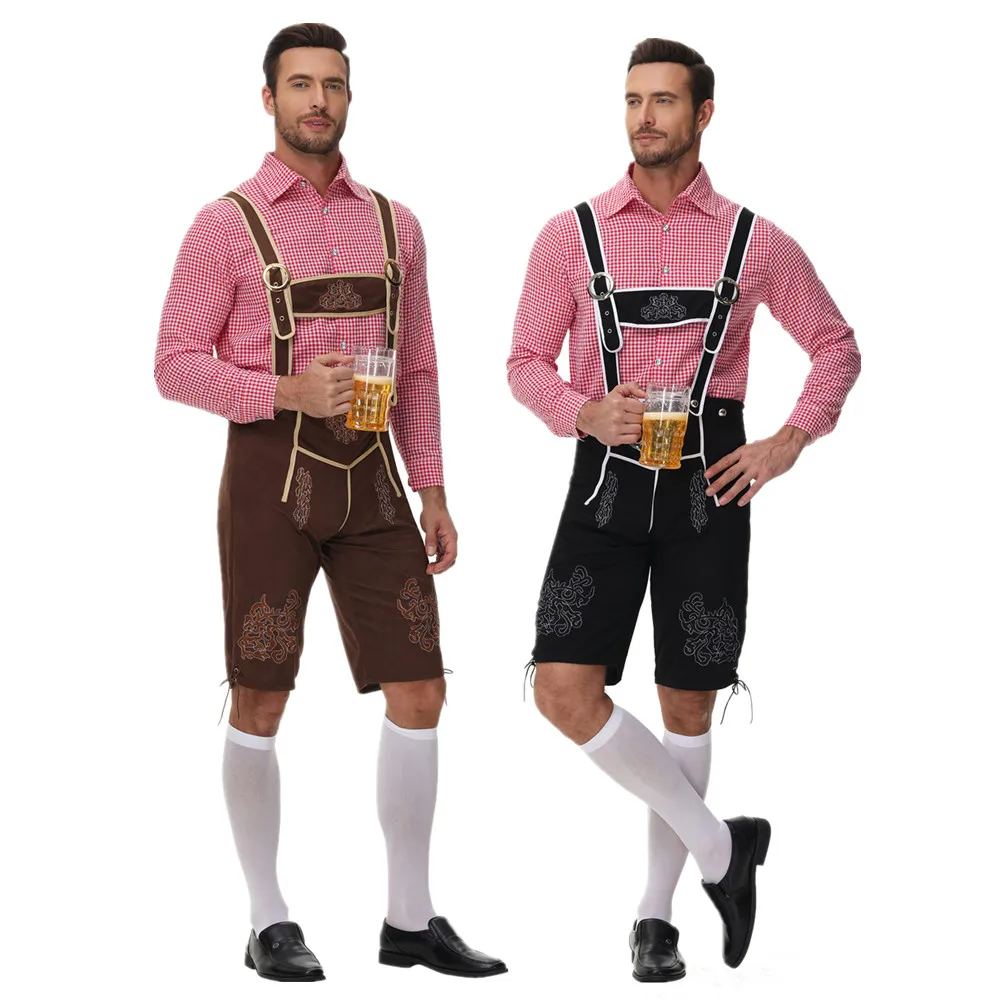 

Male German Oktoberfest Lederhosen Costume Long Sleeved Shirt Suspenders Bavarian Beer Festival Men Cosplay Outfit