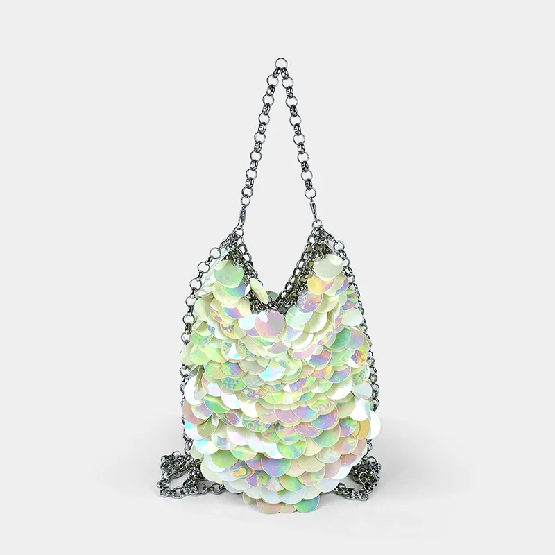 Bolso de lentejuelas de escamas de pescado coloridas para mujer, bolso de banquete tejido a mano, bolso de teléfono móvil, bolso cruzado brillante,