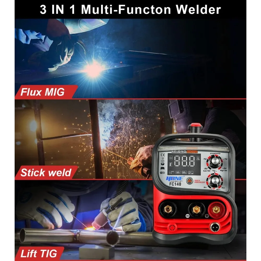 HONE MIG Welder 110V, Actual 140Amp Flux Core Welder/Stick Welder/Lift TIG 3 in 1 Synergic Welding Machine, Smart IGBT Inverter