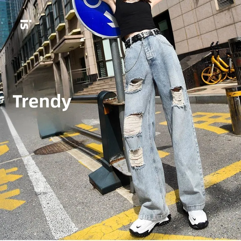 فضفاض مستقيم الساق الجينز المرأة حفرة عالية الخصر ضئيلة رقيقة الصيف الخريف السراويل الطويلة واسعة الساق الطابق طول السراويل