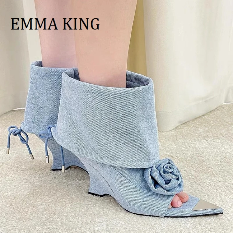 

Blue Denim Western Ankle Boots for Women's 2024 New Pointed Open Toe Rose Wedge Heel Sandals Elegant Spring AutumnWomen's Shoes