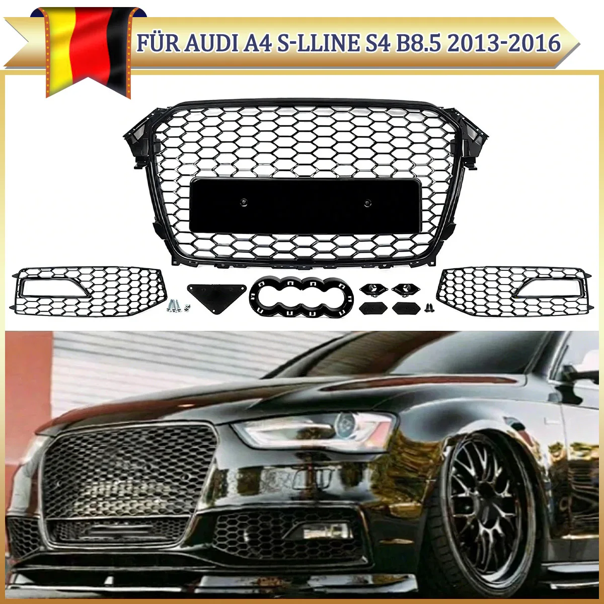 Image of Glänzend Schwarz für Audi A4 B8.5 S4 Standard/S-Line 2013~2016 Vorderer Mittel-Stoßfänger-Rennkühlergrill mit Nebelscheinwerfer-Abdeckungen Wabenstruktur ABS