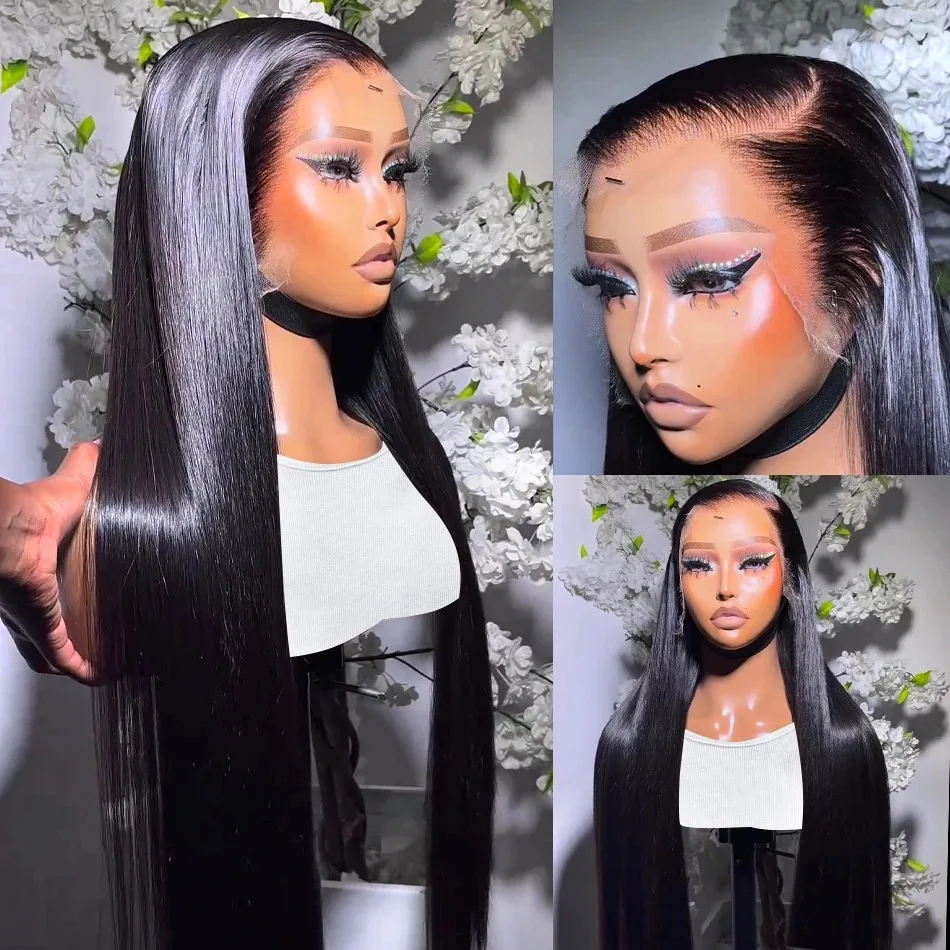 Black Synthetic Lace Front Wig Glueless Wigs Pre Plucked 180% Density 13x4 Ready to Wear Straight for Black Women 30 Inch