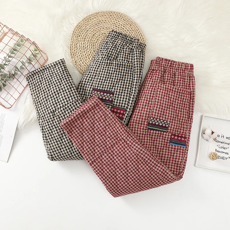 กางเกงขายาวทรงฮาร์ลานผ้าฝ้ายลายสก็อตย้อนยุคสำหรับผู้หญิง เอวสูง บุผ้าฝ้าย อุ่นสบาย เหมาะสำหรับฤดูใบไม้ร่วงและฤดูหนาว