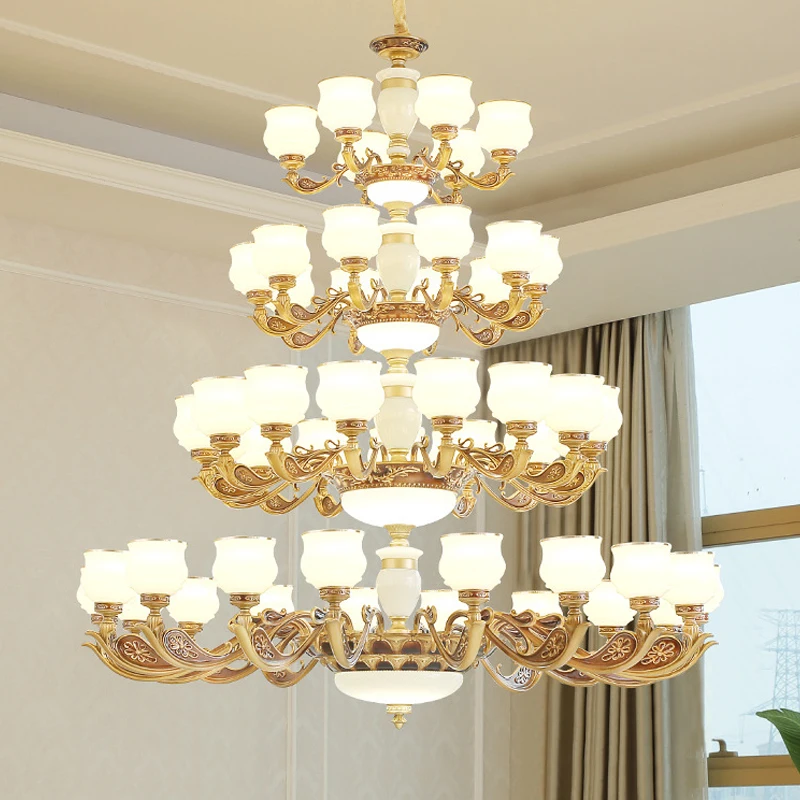 Imitation Jade Chandelier Lighting Multi Layer Household LED Large Chandeliers Luxury Banquet Hall Hotel Stair Long Pendant Lamp