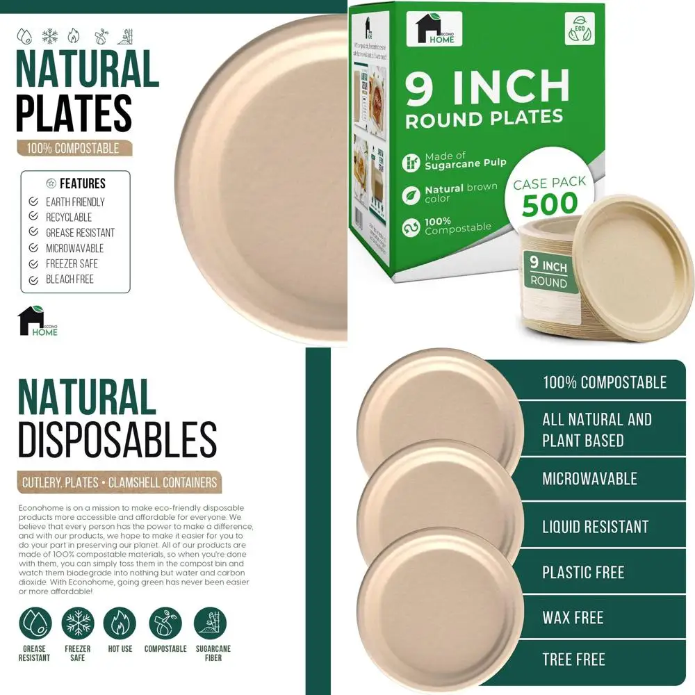 

500 упаковок экологически чистых сверхпрочных бумажных тарелок, волокна сахарного тростника, безопасного для микроволновой печи и холодильника