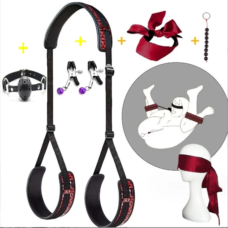 BDSM Diamond Split Legs with Colored Tine Eye Mask Pull Bead Mouth Plug Yin Clip Breast Set Couple Training and Binding Prop