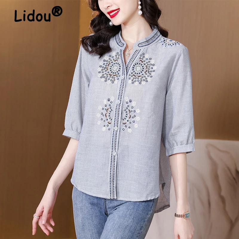 Imagem -02 - Chique Bordado Listrado Simples Casual Solto Camisas para as Mulheres Elegante Moda Vintage Meia Manga Senhoras Topos Blusas Clothes2023