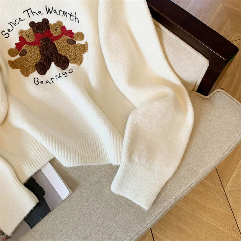 ผู้หญิงการ์ตูนหมีปักเสื้อกันหนาวTop Y2k 90Sเกาหลีฤดูใบไม้ร่วงและฤดูหนาวสบายๆหลวมหนารอบคอแขนยาวเสื้อยืด