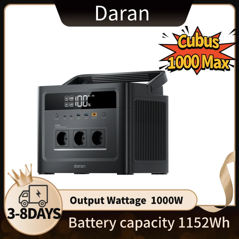 Daran Cubus 1000 MAX Powerstation 1152Wh |   1000W Stabile Leistung |   LiFePO4-Batterie mit Langer Lebensdauer |   Heimnotfallausrüstung & Unverzichtbares für Outdoor-Camping