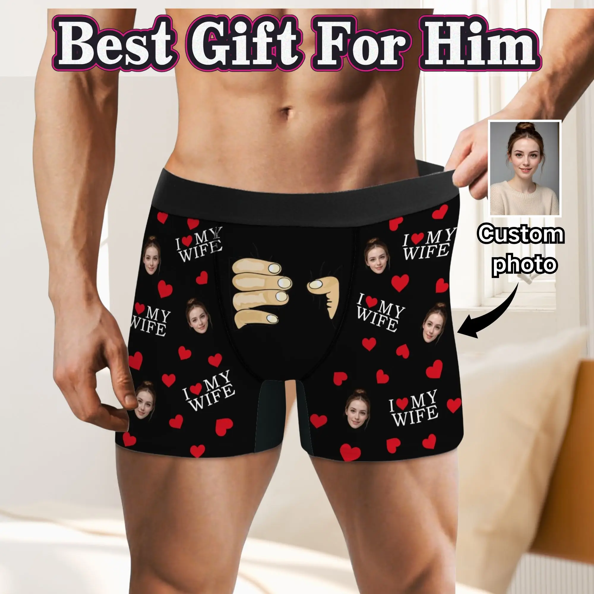 Custom Photo I Love My Wife Men's Boxers Personalized novelty Heart Print Underwear Romantic Anniversary Gift For Husband