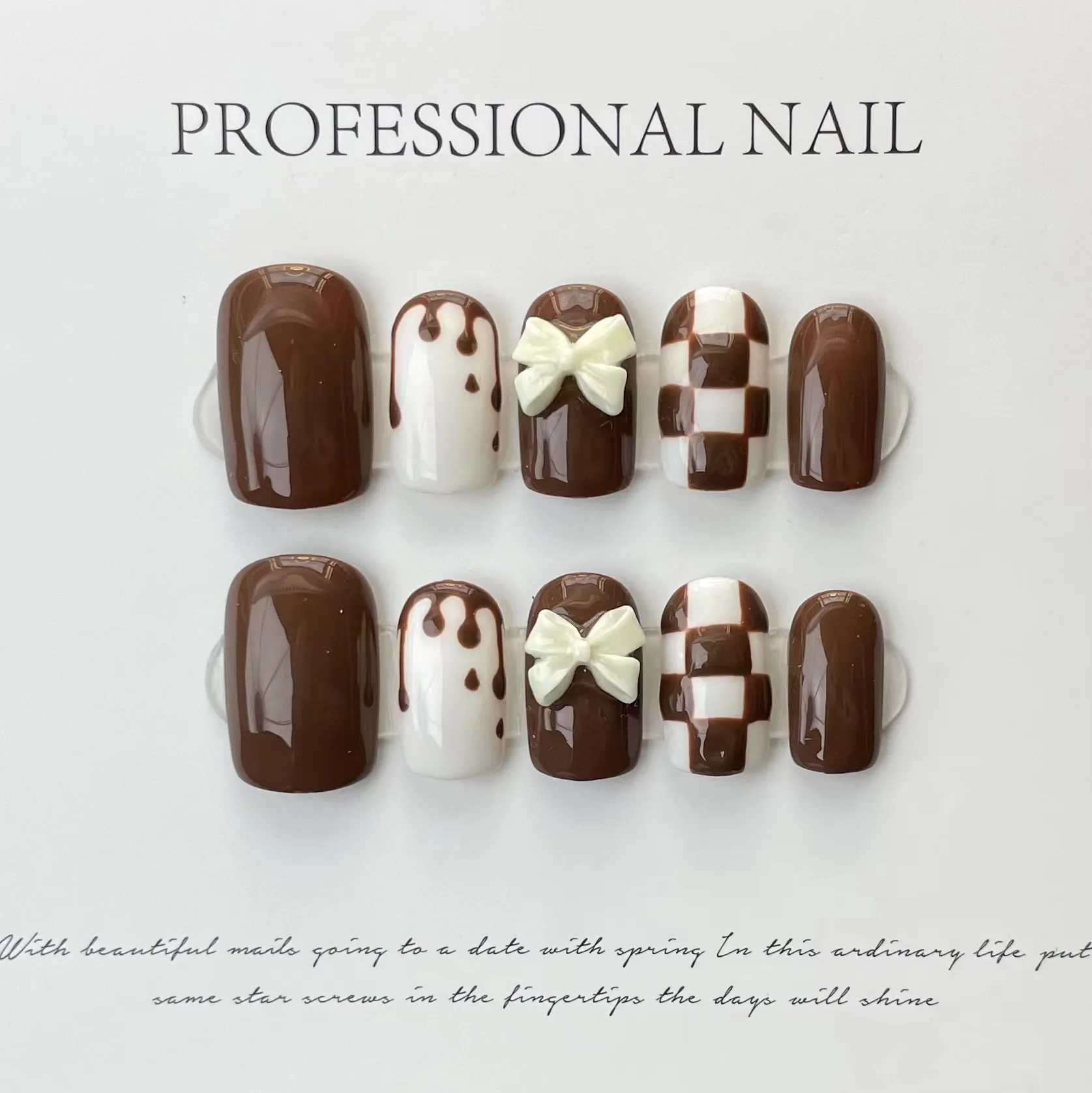 10pcs Handmade Press On Nails  Brown checkerboard Design with Bows Short Square Full Cover  Daily Wearable Artificial False Nail