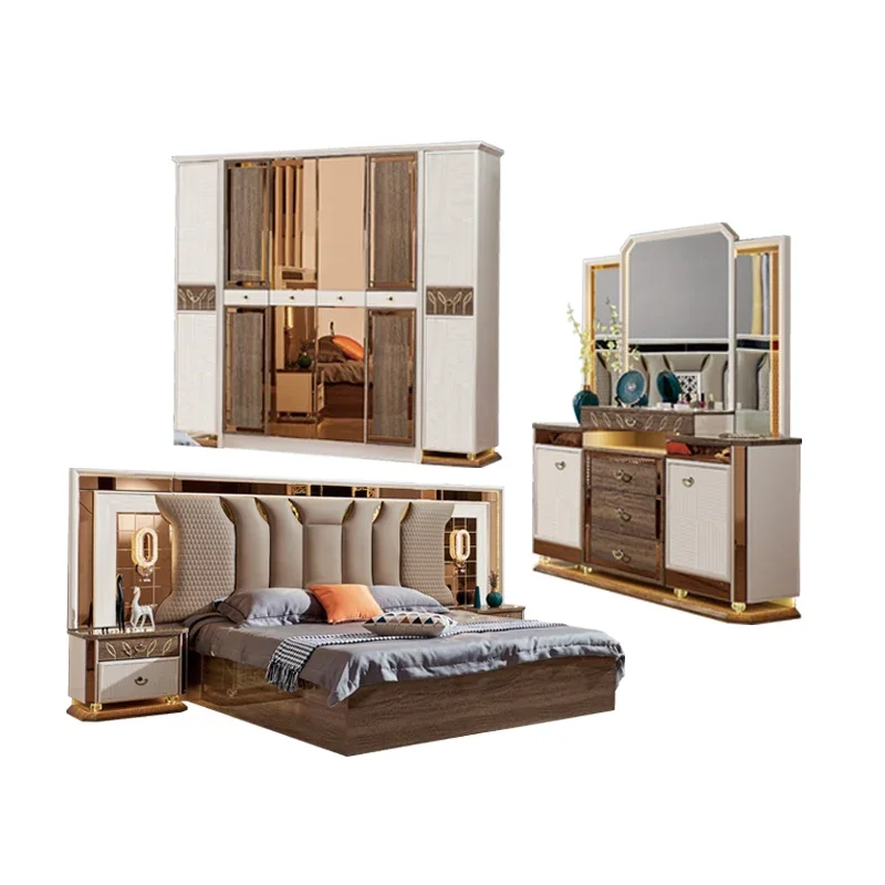 #Contemporary Wood King Padded Leather Bed Modern Luxury Bedroom Furniture Set with Storage