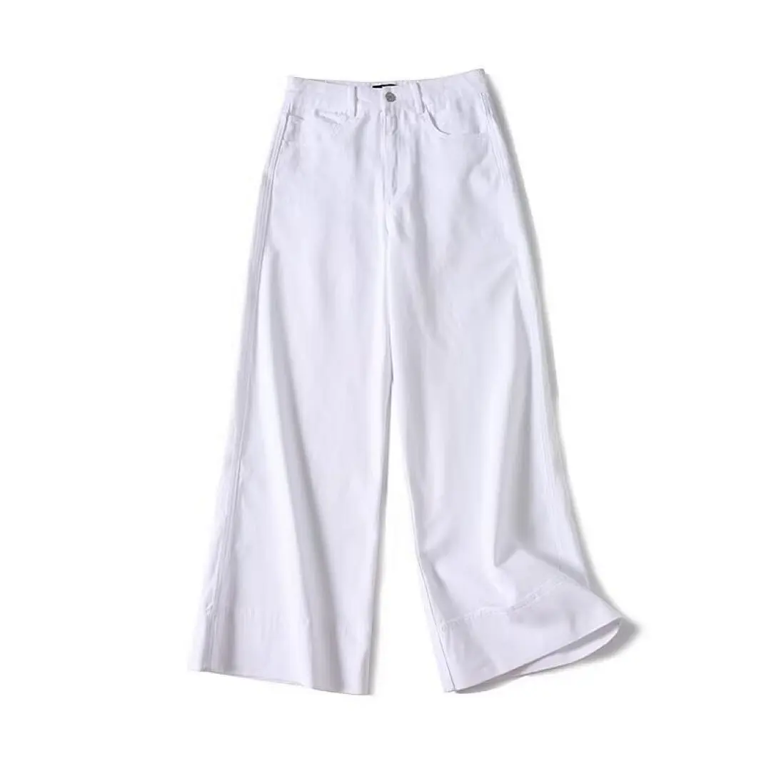 

Jenny&Dave Minimalist White Cotton Wide-leg Pants French Elegant Office High-waisted Loose-fit Jeans For Women