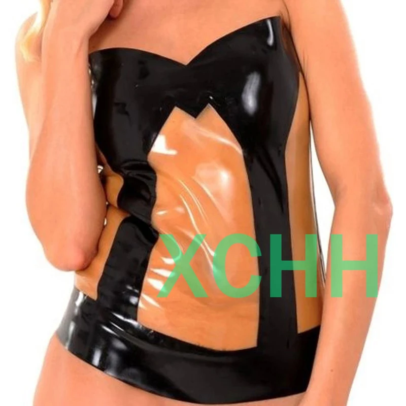 

Sexy Latex Top Black with Transparent with Trims Back Zip Rubber Shirt for Women