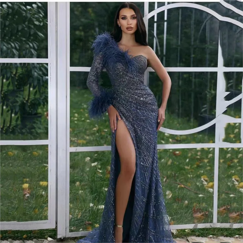 

New sequined slit dance floor-length dress