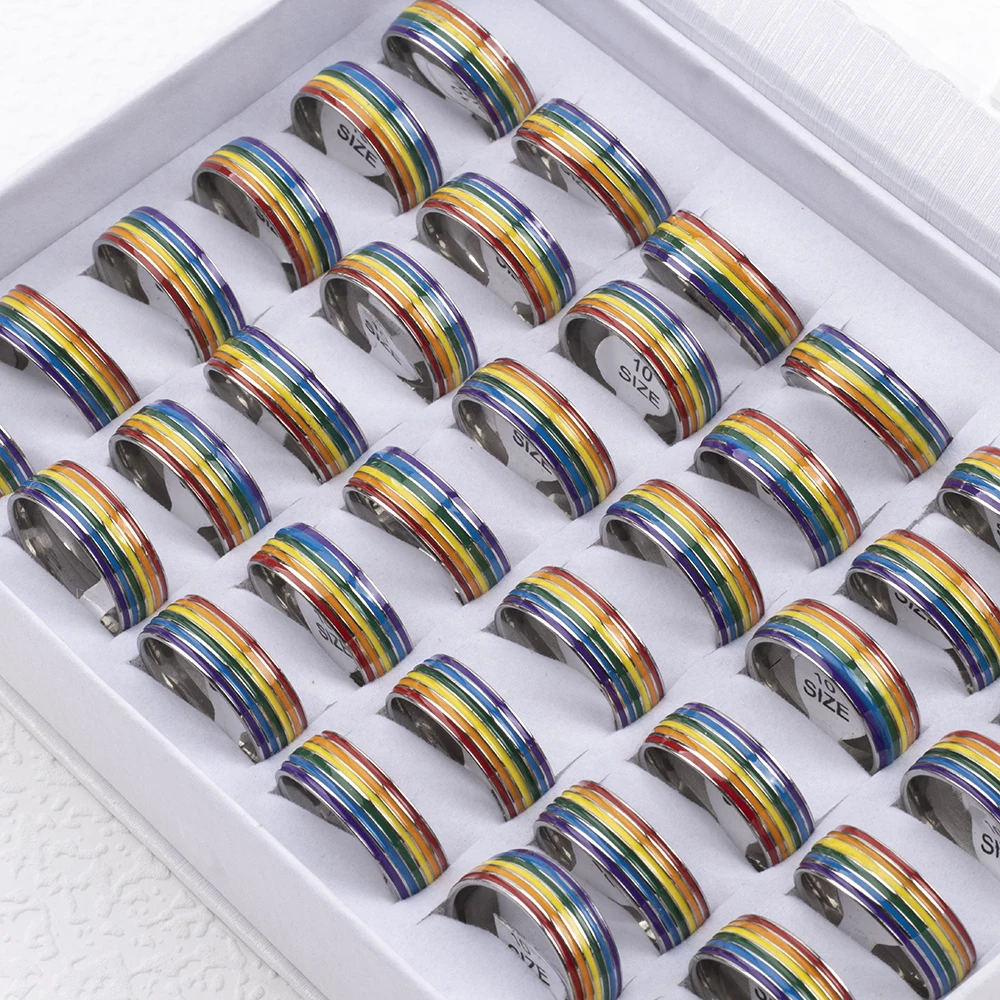 30pcs Wholesale 6 Row Color Enamel Waterproof Men Ring Rainbow Stripe Stainless Steel Ring For Women Colorful Band Ring Lovers G