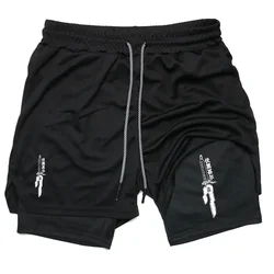 Anime Performance Shorts Men GYM Casual Sports Summer Compression Shorts Workout Running Mesh 2 In 1 Sport Short Pants