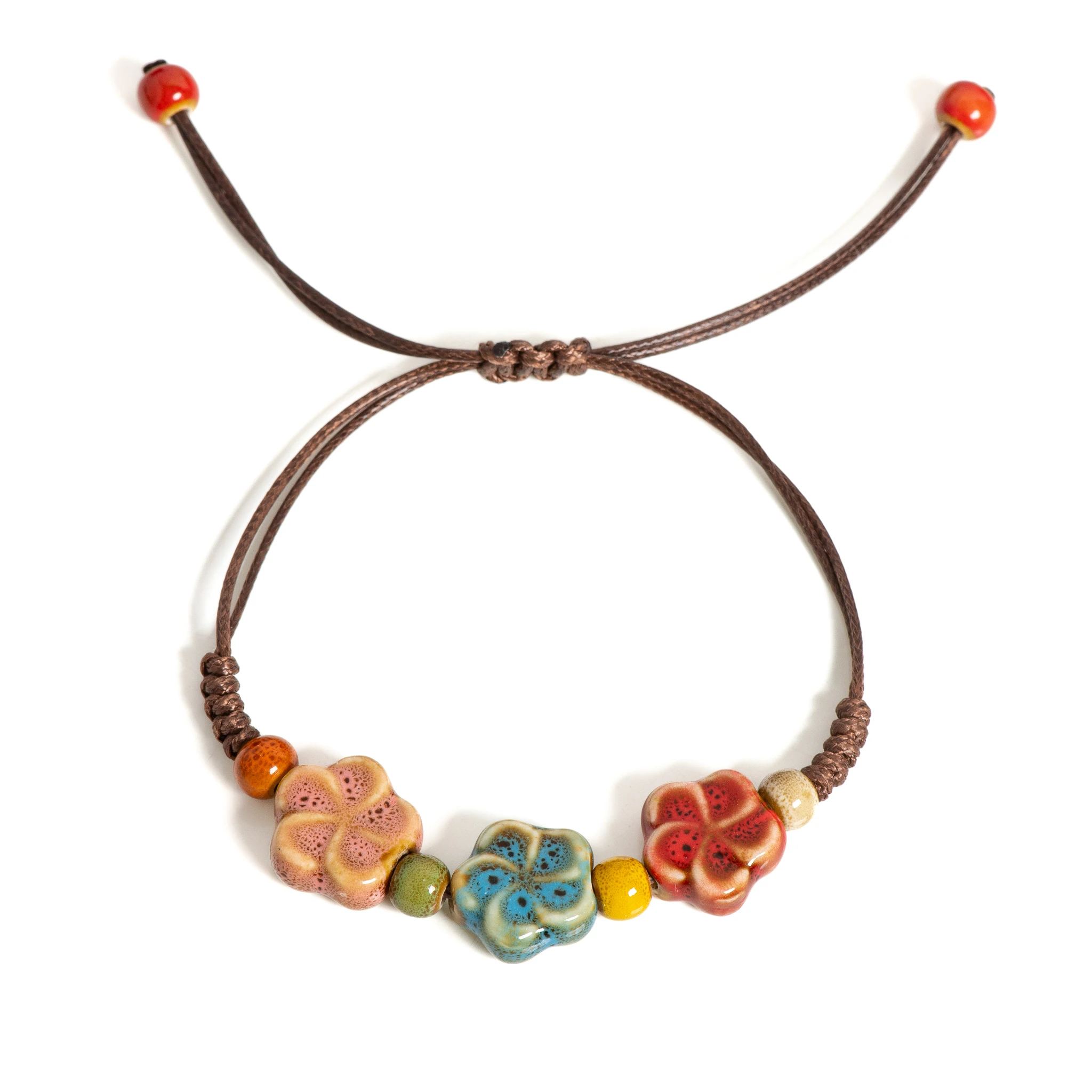Handmade Bohemian Floral Ceramic Bracelet Adjustable Wax Cord Jewelry for Women & Men – S02-008