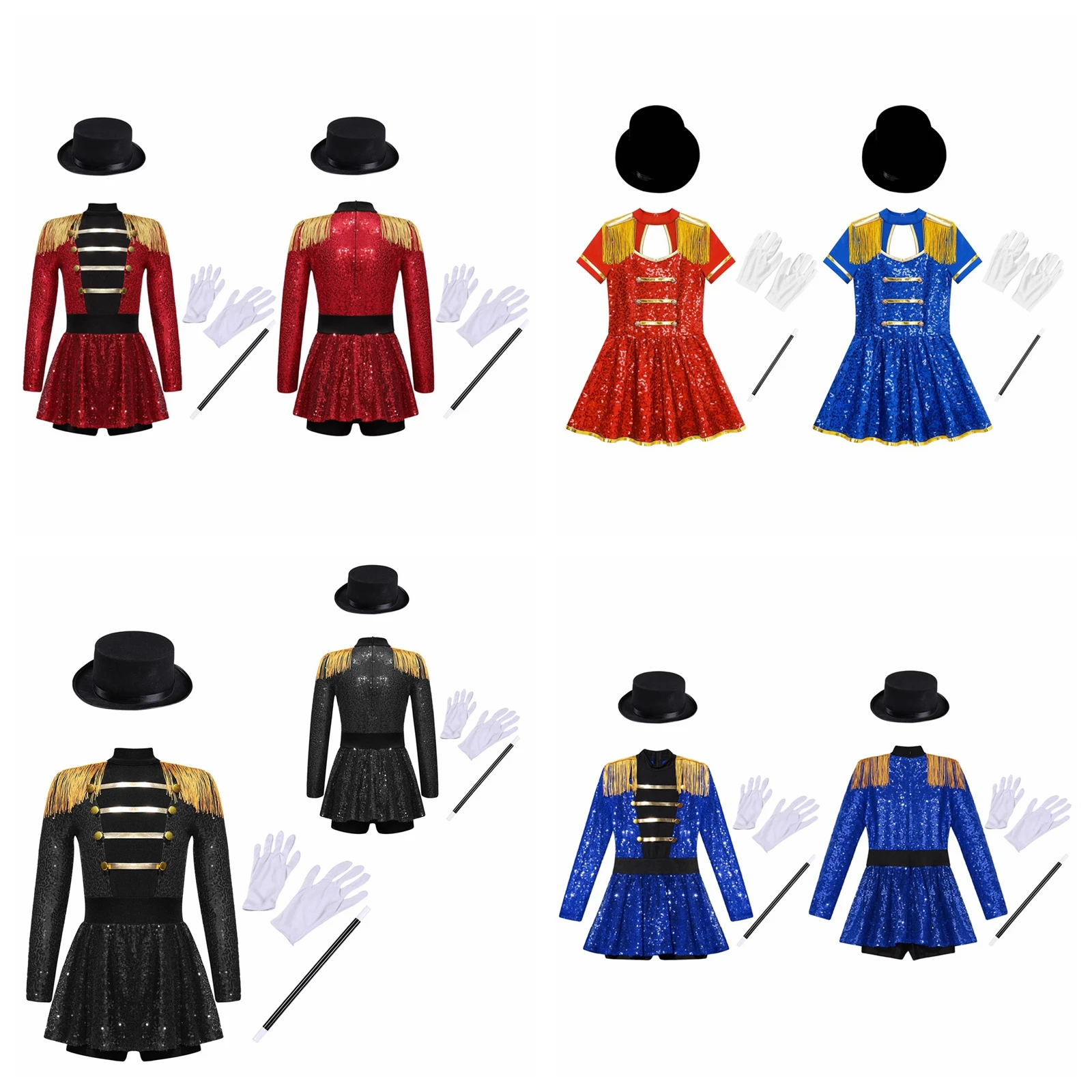 Girls Ringmaster Circus Costume Showman Dress Up Tassel Shoulder Sequin Leotard Dress For Theme Party Stage Performance Dresses