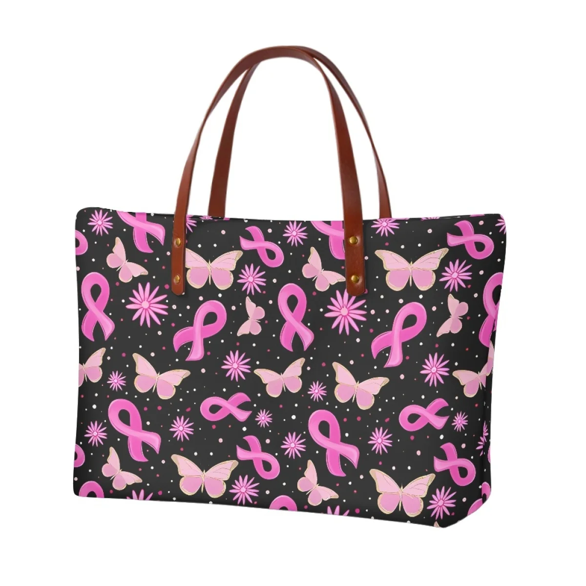 Breast Cancer Ribbon Print Women's Large Capacity Shoulder Bag Practical Travel Shopping Tote Fashion Hot Casual Beach Handbags