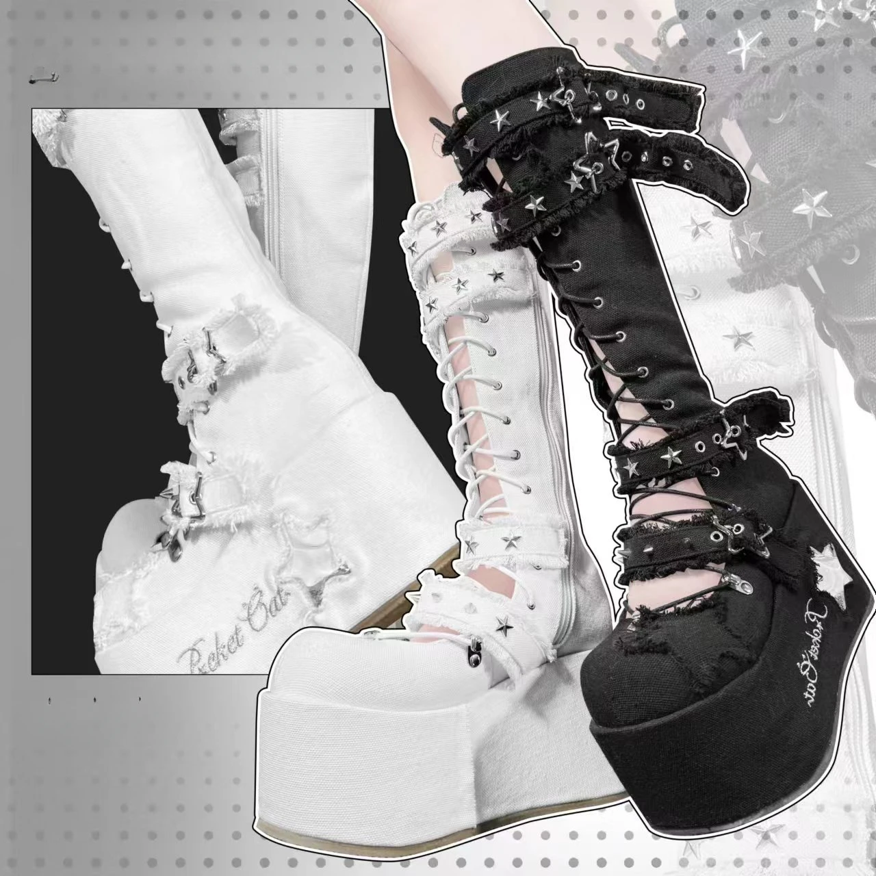 Sweet Cool Hollow out Boots Lolita Punk Style Star Rivet Canvas Mid-Calf Boots Girl Spring and Autumn Women's Knight Boots