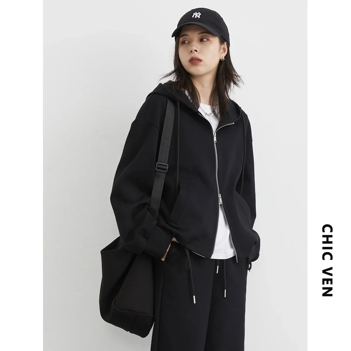 CHIC VEN Women Sweatshirt New Hooded Drawstring Sweater Coat Cotton Loose Female Tops Woman Sports Pants Autumn Spring 2023