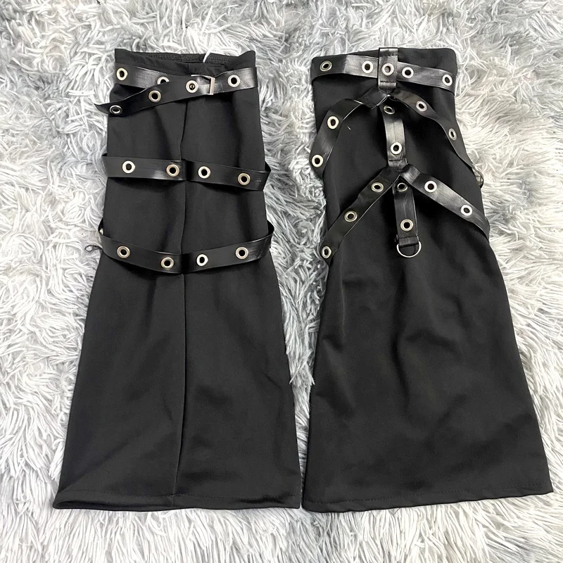 Gothic Sock For Women PU Strap Solid Black Punk Leg Warmers Casual Harajuku Foot Cover Street Leggings 2025 Spring Summer