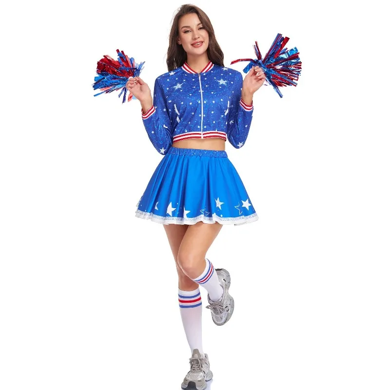 

Sexy American Cheerleader Costume Cosplay Uniform Pom Poms Fancy Dress Stage Performance Outfit for Women Dress Up