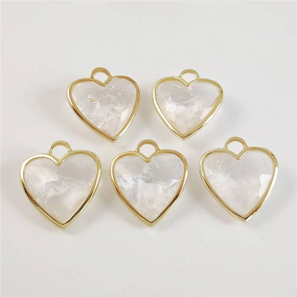 FUWO Natural Clear Quartz Charms Pendant,Golden Plated Heart-Shaped Crystal Accessories For Women Jewelry Making PD472 5Pcs/Lot