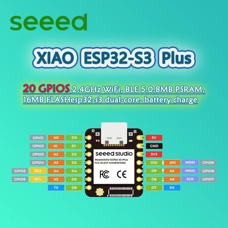 Seeed XIAO ESP32S3 Plus - 20 GPIOs, 2.4GHz WiFi, BLE 5.0, 8MB PSRAM, 16MB FLASH, 1/2/3/5/10 PCS ESP32-S3 Dual-core, Battery Char