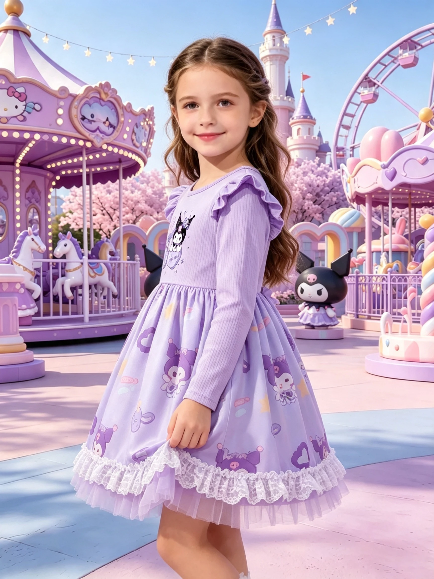 Little Girl Kuromi Cartoon Printed Tulle Dress, Crew Neck, Flutter Long Sleeves, Double-Layer Lace Hem, Spring & Autumn Princess