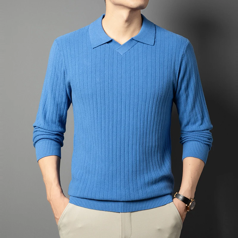 100% cotone uomo maglione alla moda 2025 autunno inverno colletto rovesciato maglieria maglione a maniche lunghe polo in maglia di puro cotone