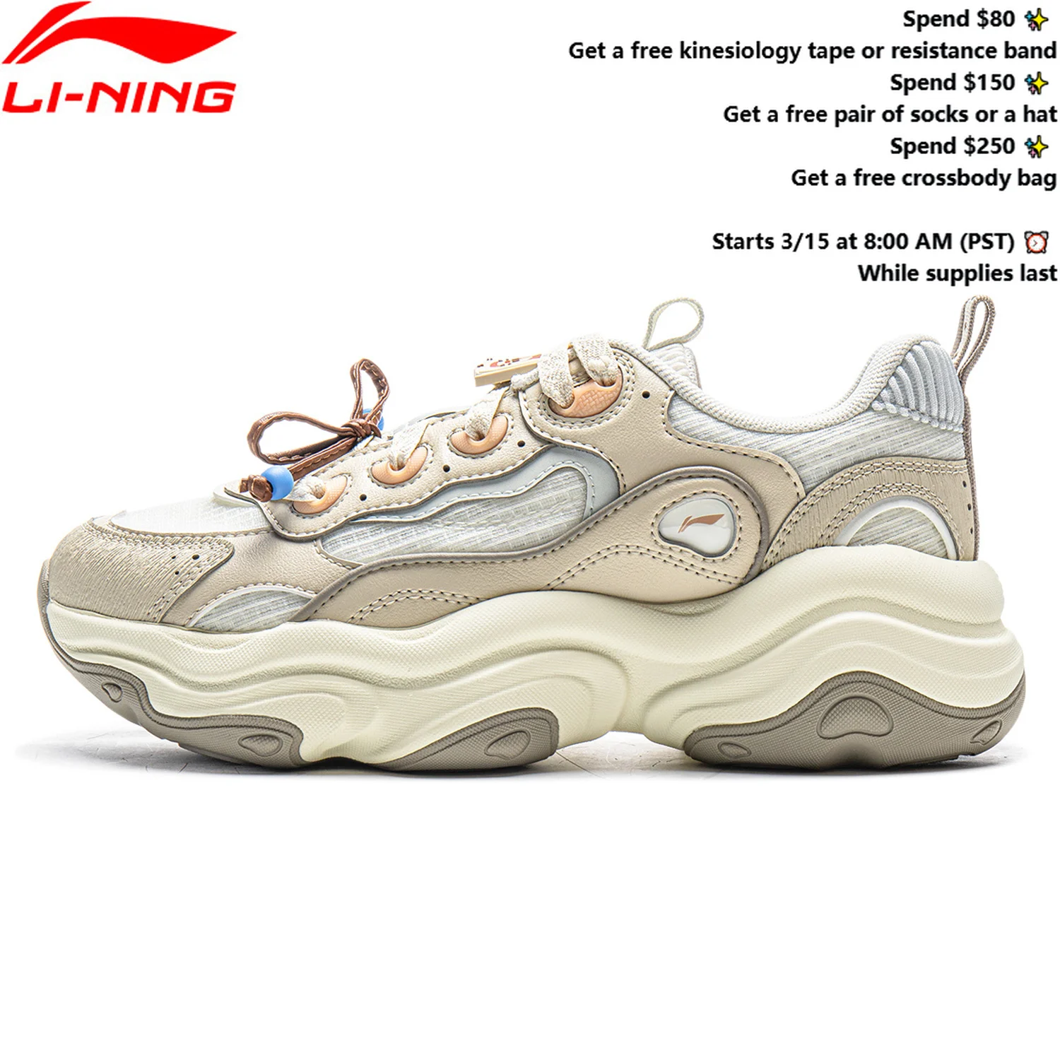 

Li-Ning Women's MIA Lifestyle Shoes Wearable Reflective Retro Thick Heel Sports Shoes LiNing Classic Casual Sneakers AGCV276