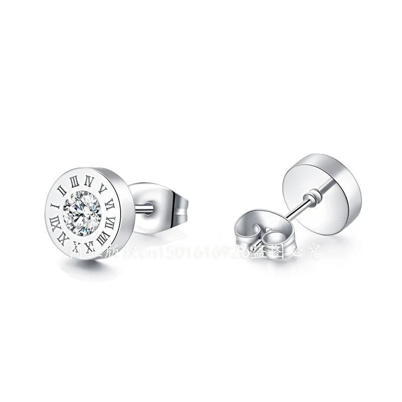 Black 316 Stainless Steel Round Shine AAAAA CZ 8MM Diameter Roman Numeral Stud Earrings For Men Women High Quality Brand Jewelry